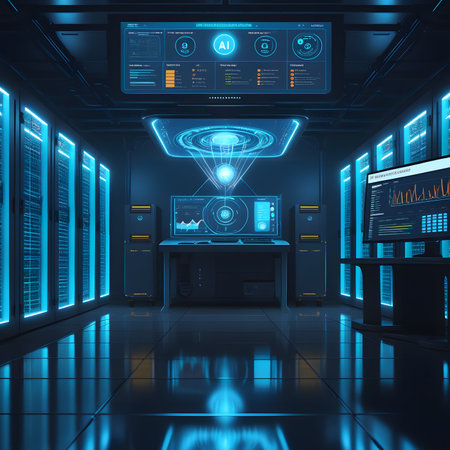 Futuristic blue server room interior. 3d rendering toned imageの素材