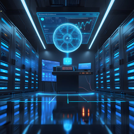 3d rendering server room data center with blue neon lights and interfaceの素材