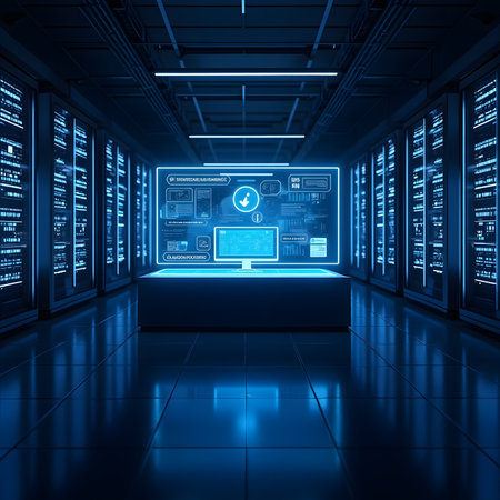 3d rendering server room data center with servers and digital technology interfaceの素材