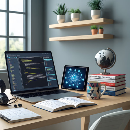 3d rendering of workspace with laptop, books, globe and stationery.の素材