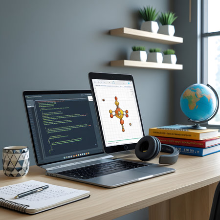 Modern workplace with laptop, tablet and headphones. 3d rendering.の素材