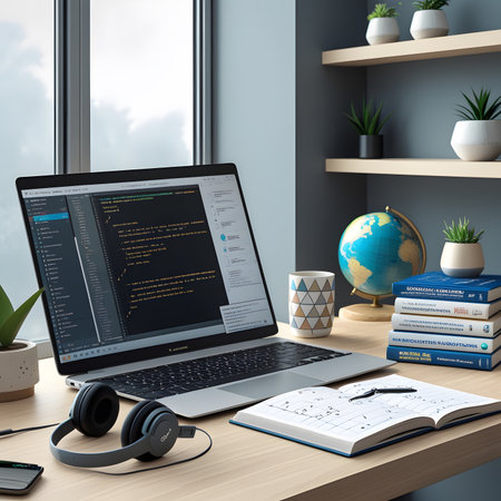 3d rendering of workspace with laptop, notebook and stationery on tableの素材
