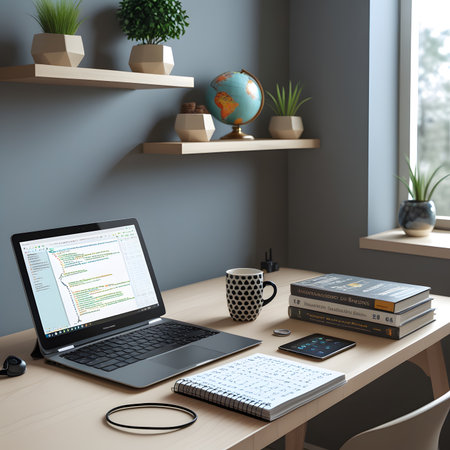 Workplace with laptop, coffee cup and books on wooden table. 3d render.の素材