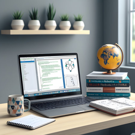 3d render of laptop and books on the table. Education concept.の素材