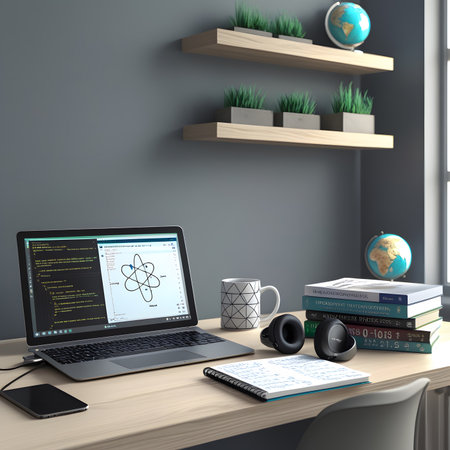 3D illustration laptop and work stuff on table near wall, Workspaceの素材