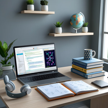 Workplace with laptop and books on table. 3d rendering.の素材