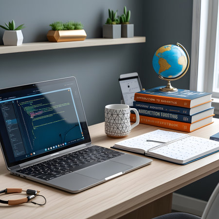 Laptop and books on a wooden desktop. 3d rendering.の素材