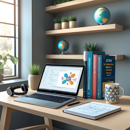 3d rendering of workspace with laptop and books on table. All screen graphics are made up.の素材