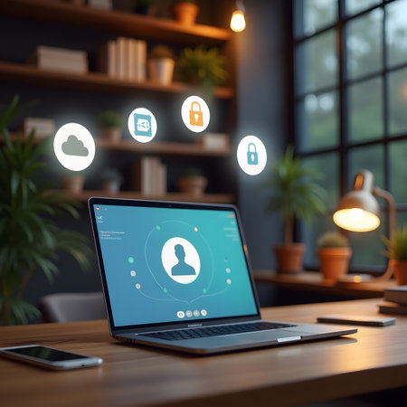 Laptop with cloud computing icons on screen. Internet and technology conceptの素材