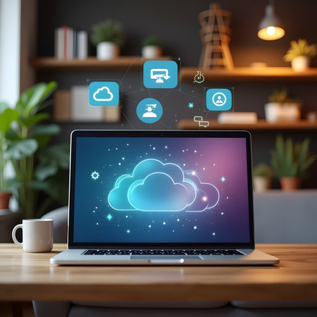 Cloud computing concept with icons on laptop screen in office. 3D renderingの素材