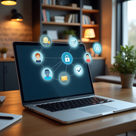 Laptop with social media icons on the screen. 3d renderingの素材