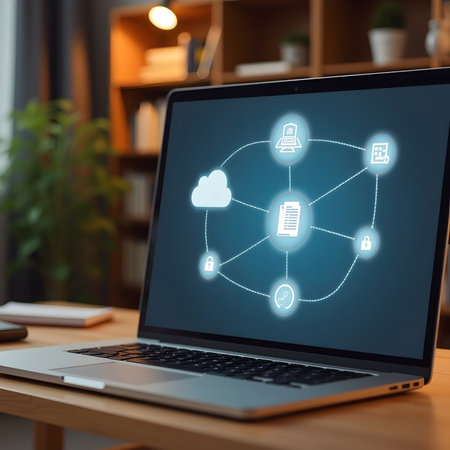 Cloud computing concept shown on a computer screen with a network of iconsの素材