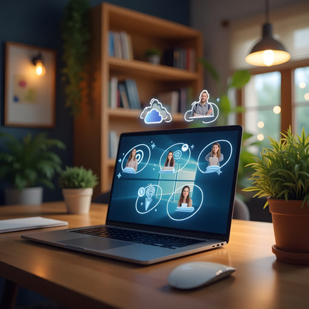 Cloud computing concept shown on a laptop screen watched by a group of peopleの素材