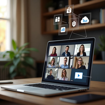 business, technology and people concept - close up of laptop with video conference on screen at officeの素材