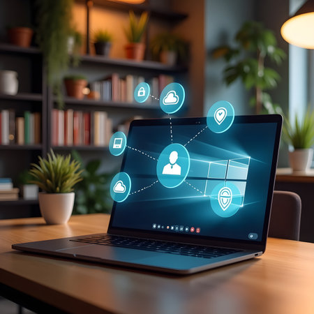 Laptop with application icons on the screen. Business and technology concept.の素材