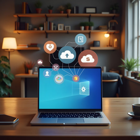 Laptop with cloud computing icons on screen in office. Cloud computing conceptの素材