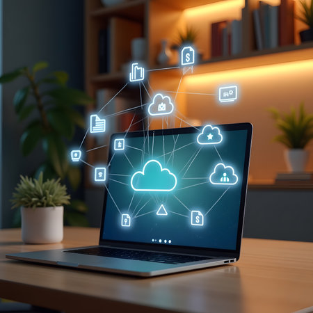 Laptop with cloud computing concept on screen. 3d rendering.の素材