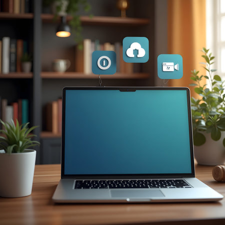 Laptop with cloud computing icons on screen. Cloud computing concept.の素材
