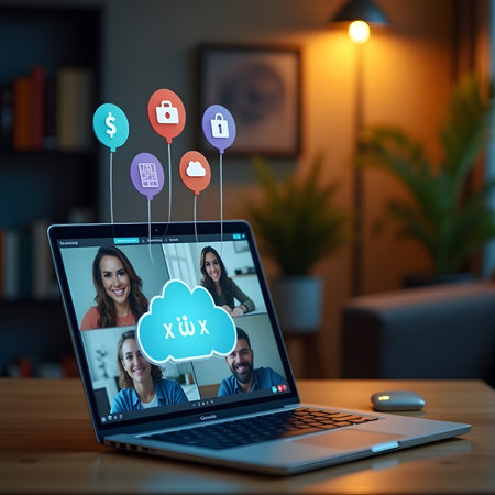 Laptop screen with cloud computing icons on the screen. Data storage concept.の素材