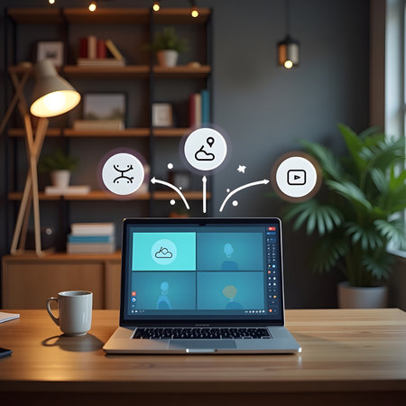 Digital composite of Laptop with social media icons on screen in officeの素材