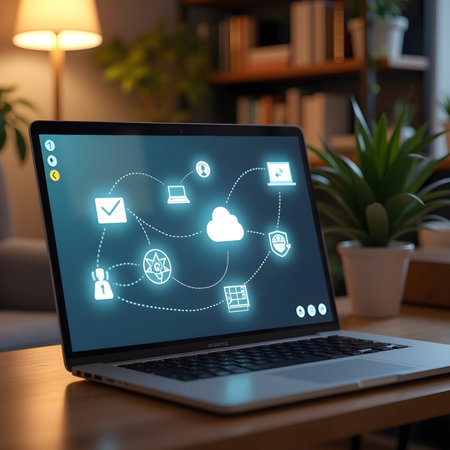 Laptop with cloud computing concept on screen. 3D rendering.の素材