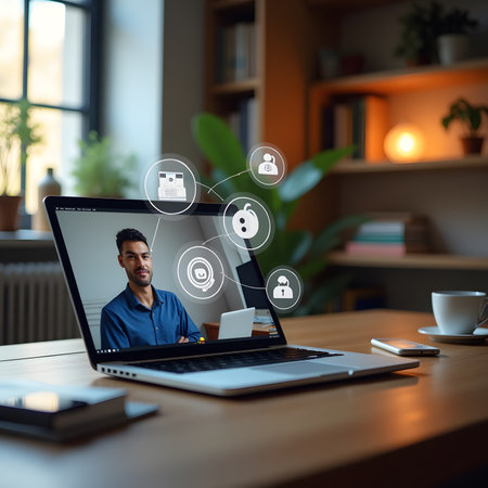 business, people and technology concept - close up of man with laptop computer and virtual icons over office deskの素材