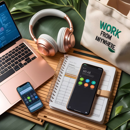 Work from home concept. Laptop, mobile phone, headphones and notebook on wooden table.の素材