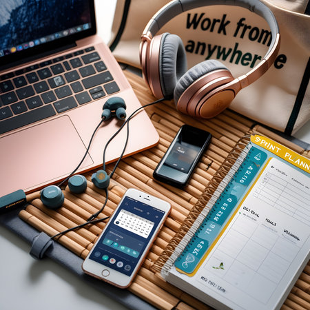 Work from home concept with laptop, mobile phone, headphones and notebookの素材