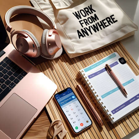 Work from anywhere, text on notepad, headphones, laptop and smart phoneの素材