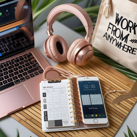 Work from home concept. Laptop, notebook, headphones and mobile phone on wooden tableの素材