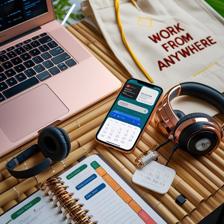 Work from home. Laptop, headphones and mobile phone on a wooden backgroundの素材