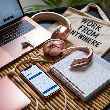 Workplace with laptop, mobile phone, headphones and notebook. Work from home concept.の素材