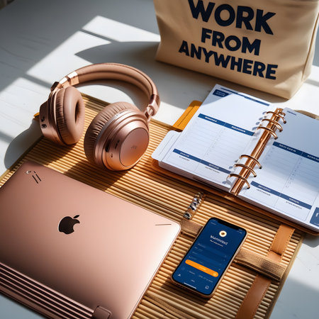 Work from home concept with notebook, smartphone, headphones and laptop.の素材
