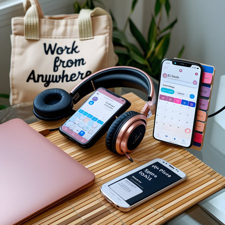 Work from home concept with smartphone, headphones and notebook on wooden tableの素材