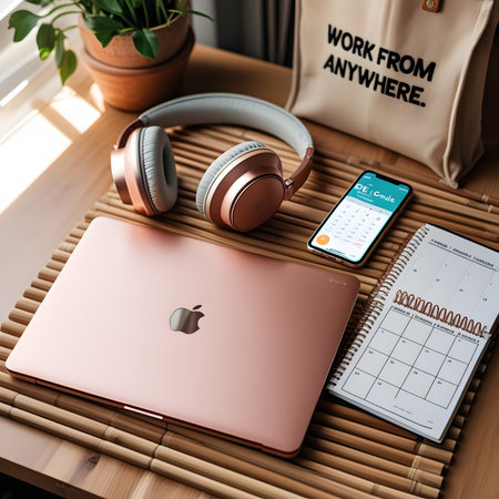Work from home concept with laptop, headphones and notebook on wooden tableの素材