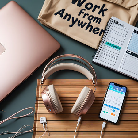 Work from home concept with notebook, laptop, headphones and mobile phoneの素材