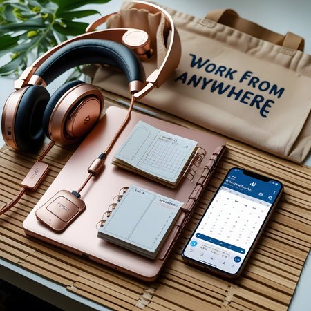 Work from home concept with notebook, headphones and mobile phone on wooden tableの素材
