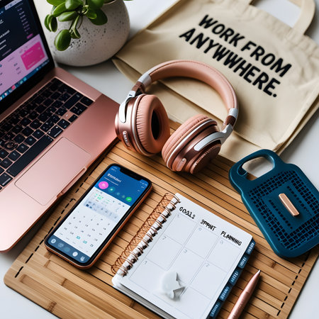 Workplace with laptop, mobile phone, headphones and notebook on wooden tableの素材