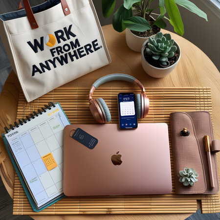 Workspace with shopping bag, smartphone and headphones on wooden table.の素材