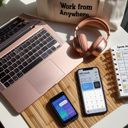 Work from home concept. Laptop, mobile phone, headphones and notebook on wooden tableの素材