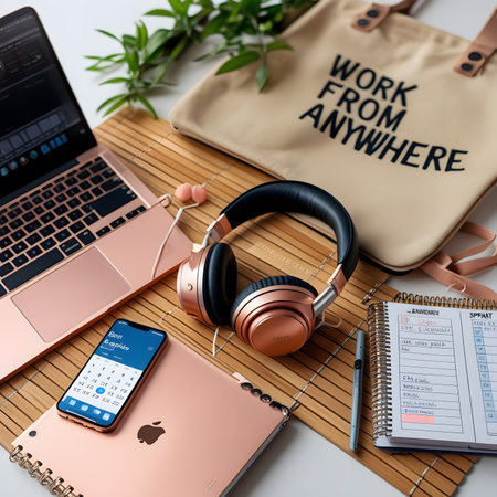 Work from home concept. Laptop, smartphone, headphones and notebookの素材