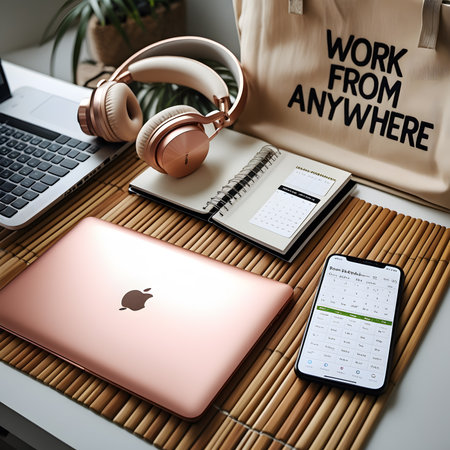 Work from home concept with laptop, mobile phone, headphones and notebookの素材