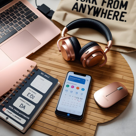 Working space with laptop, mobile phone, headphones, notebook and mouseの素材