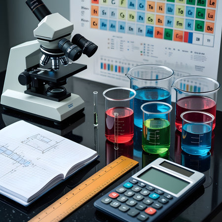 Laboratory glassware, microscope, test tubes and calculator on tableの素材