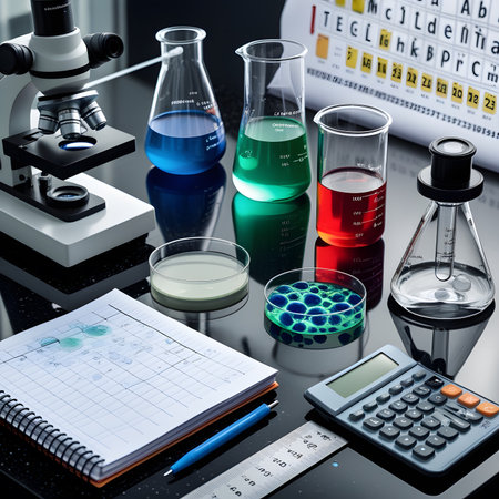 Laboratory glassware with chemical liquid, microscope, test tubes and calculatorの素材
