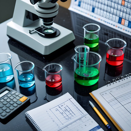 Laboratory glassware on black table with test tubes and notepadの素材