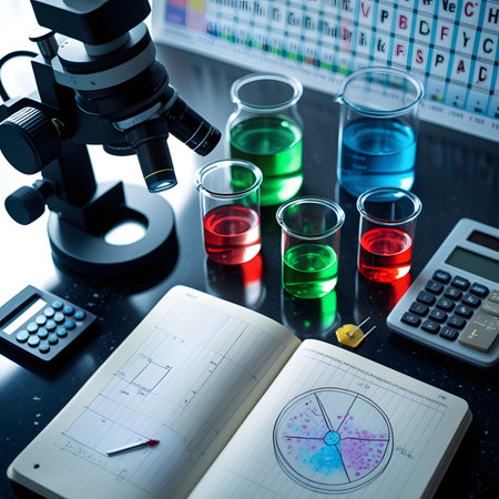 Laboratory glassware and test tubes on black table. Scientific researchの素材