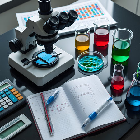 Laboratory glassware, microscope, test tubes and other equipment on black tableの素材