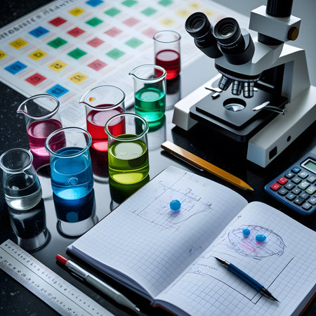 Laboratory glassware and test tubes on black table. Scientific backgroundの素材