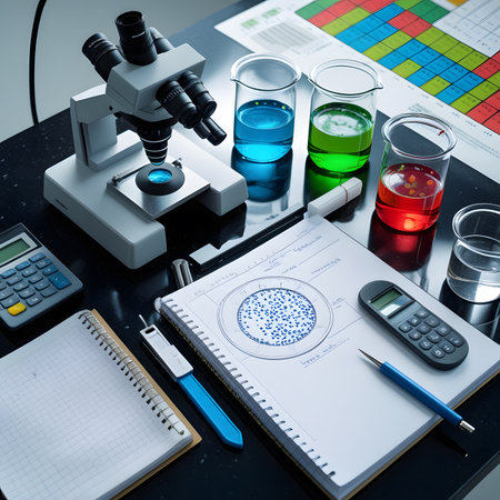 Research and development concept. microscope, test tubes, notebook and calculator on tableの素材